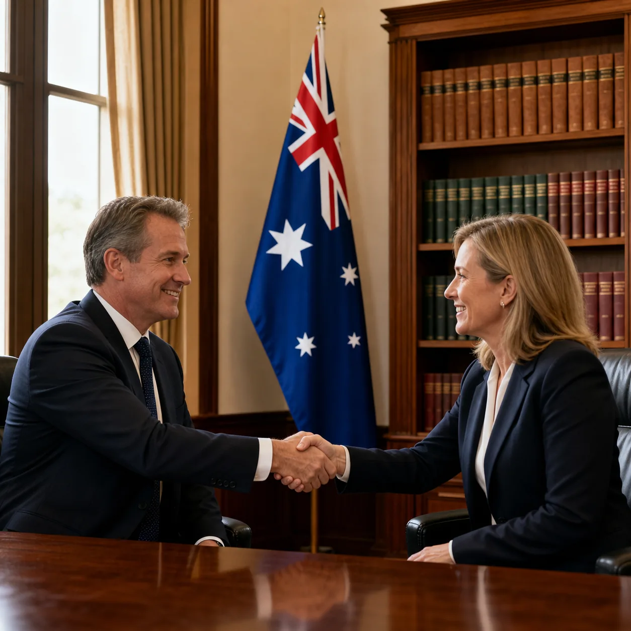 Two people shaking hands in a parliamentary office