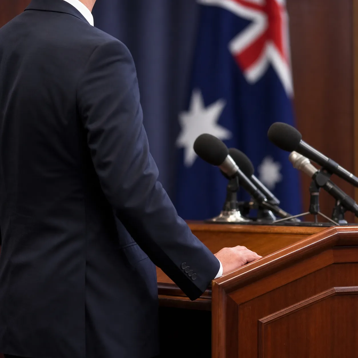 A person speaking at a lectern with microphones and an Australian flag
