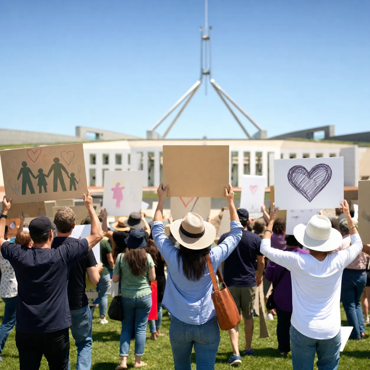 Parents holding placards at a public gathering outside a parliament building